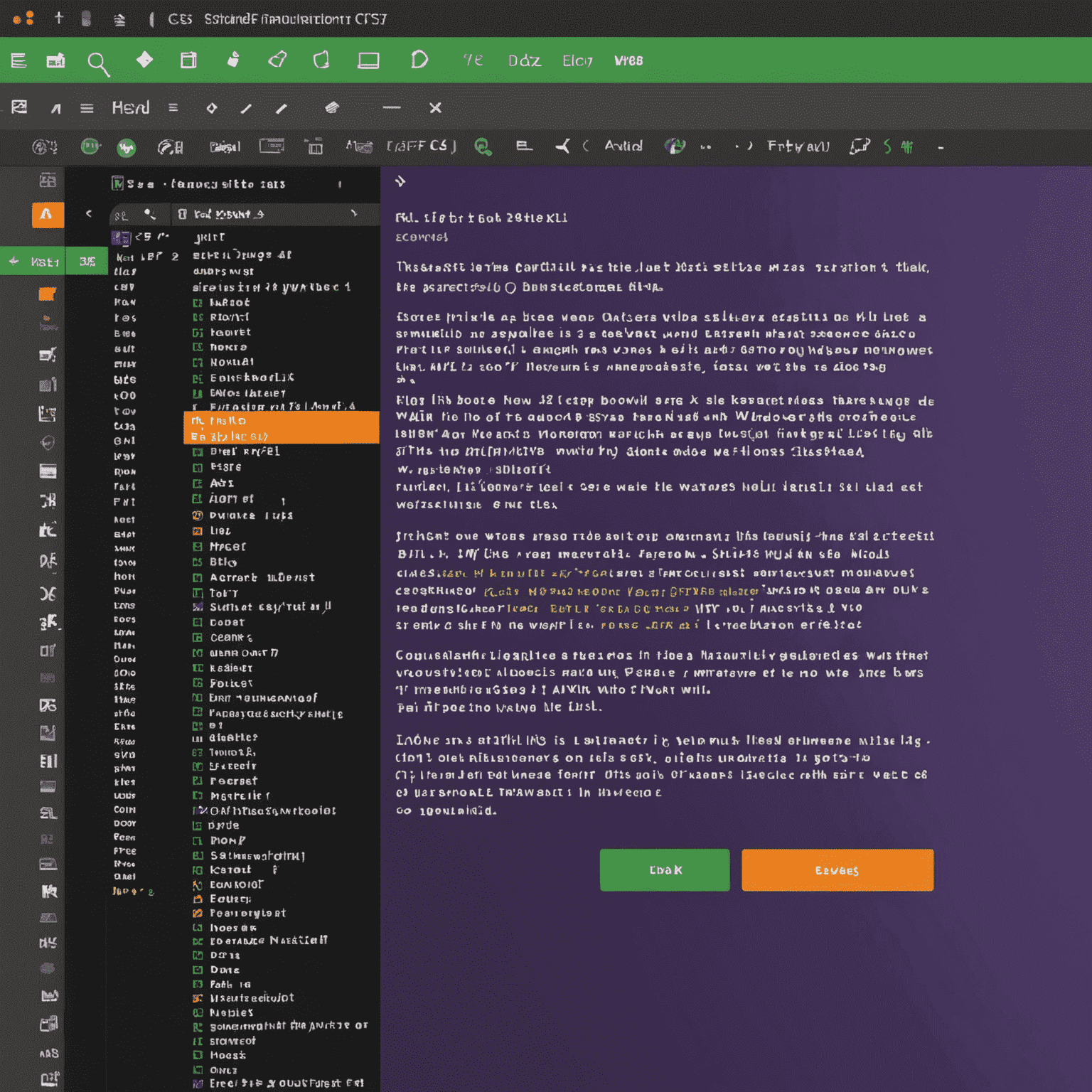 Imagen que muestra código HTML y CSS en un editor de texto, con una vista previa de una página web simple al lado. El fondo es púrpura (#8A2BE2) con elementos naranja (#FF7F00) y verde brillante (#39FF14).