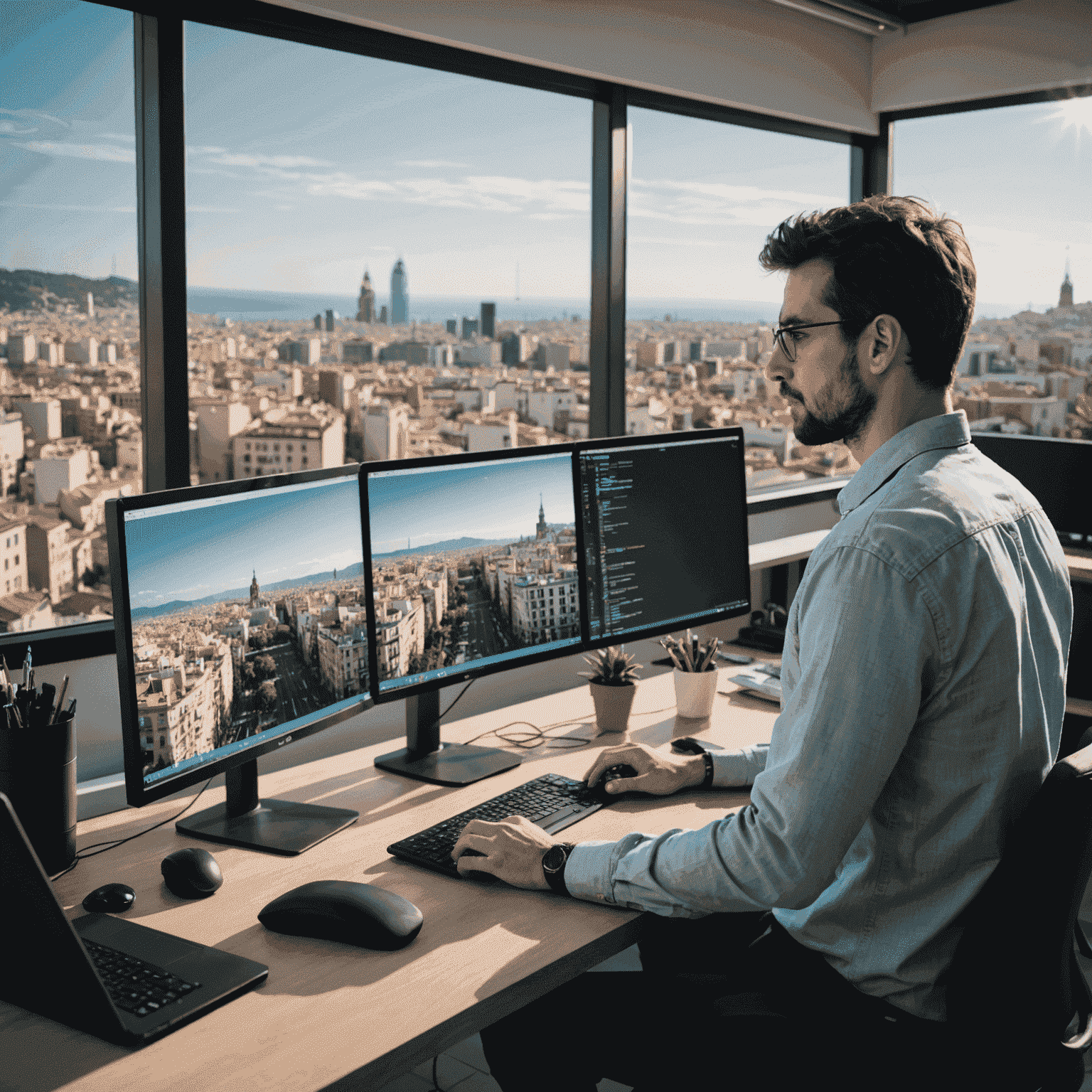 Imagen de un desarrollador web español trabajando en su oficina con vistas a un paisaje urbano de Barcelona. Se ve una pantalla de computadora con código y diseños web coloridos.