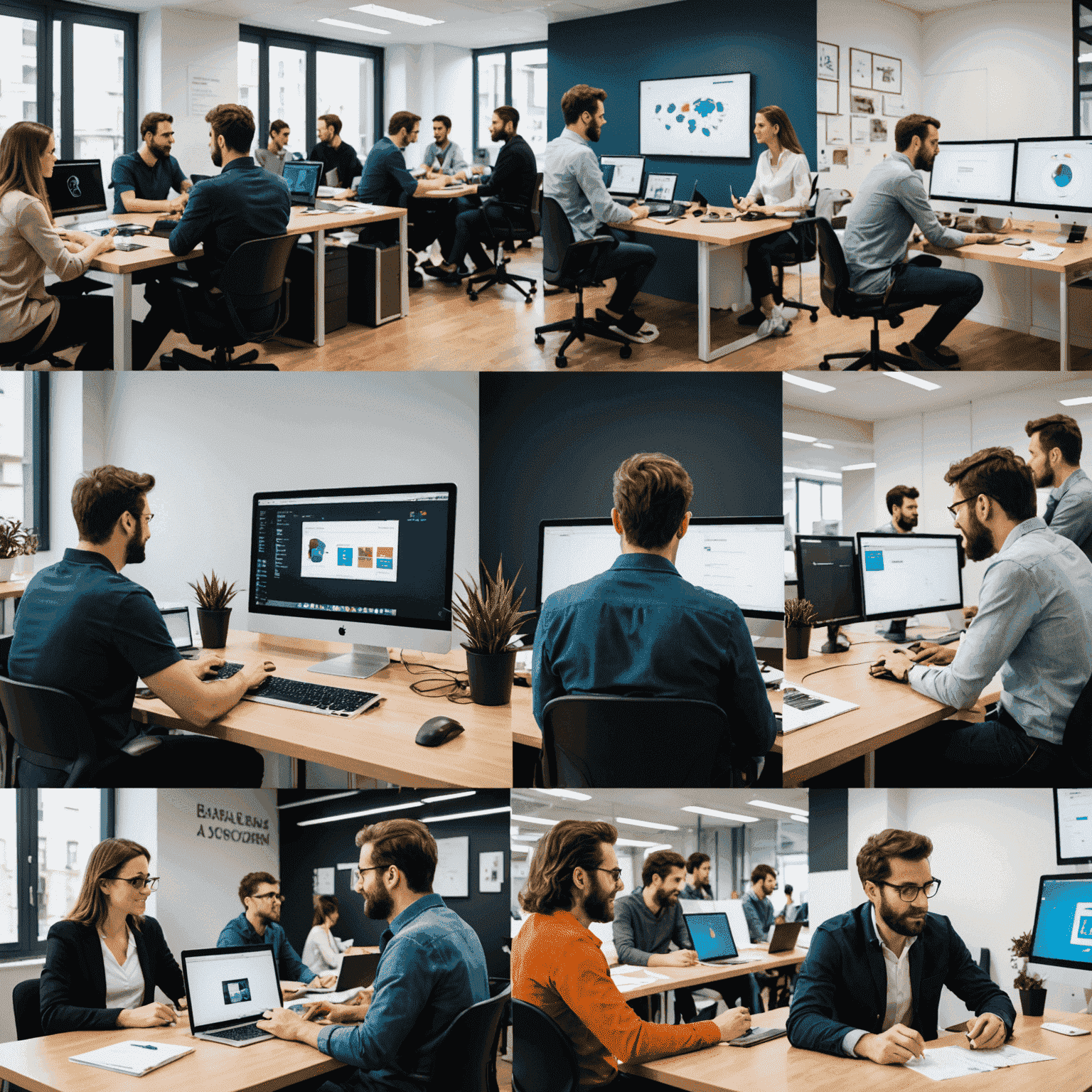 Collage de imágenes que muestran diferentes aspectos del desarrollo web en España: una clase de programación, una feria tecnológica en Madrid, y un equipo diverso de desarrolladores trabajando en una oficina moderna.